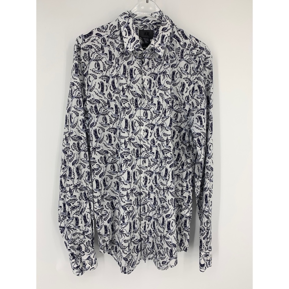H&M Mens Bird Print Button Down Long Sleeve Shirt
